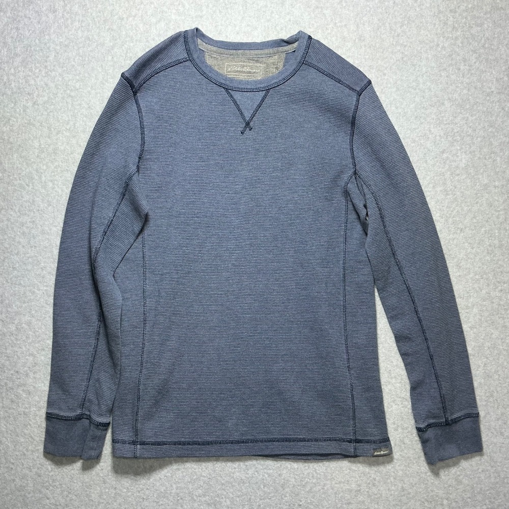 Eddie Bauer Mens Medium Blue Waffle Knit Thermal Long Sleeve Shirt Micro Stripe